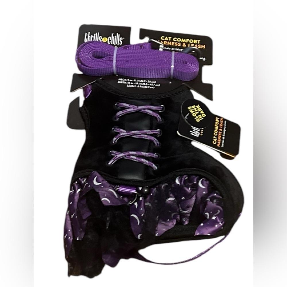 NWT CAT Comfort Harness & Leash Glow In The Dark Purple Witch Dress Halloween